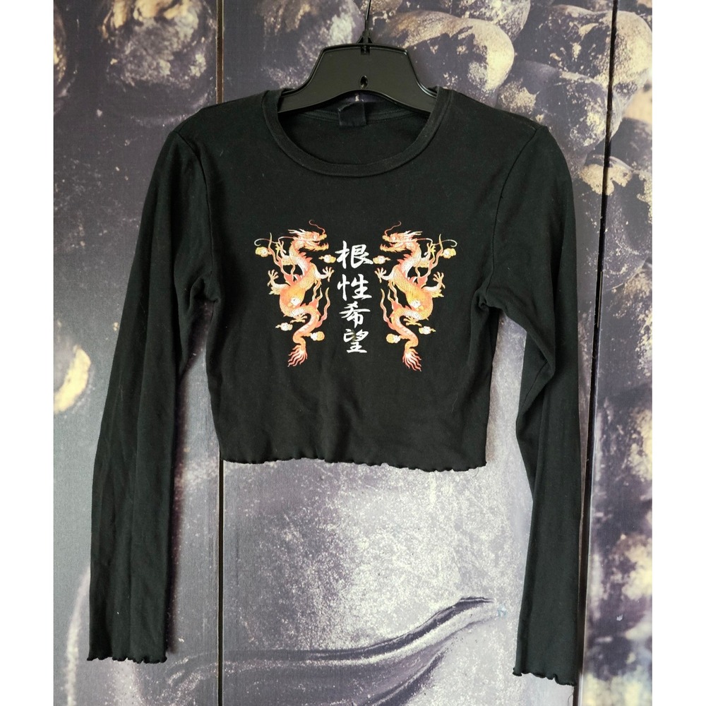 Bershka Womens Black Dragon Kanji Graphic Long Sleeve Lettuce Edge Crop Top S